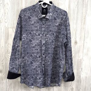 Frenzy Dress Shirt Blue Flip Cuff Floral Button Down XXL